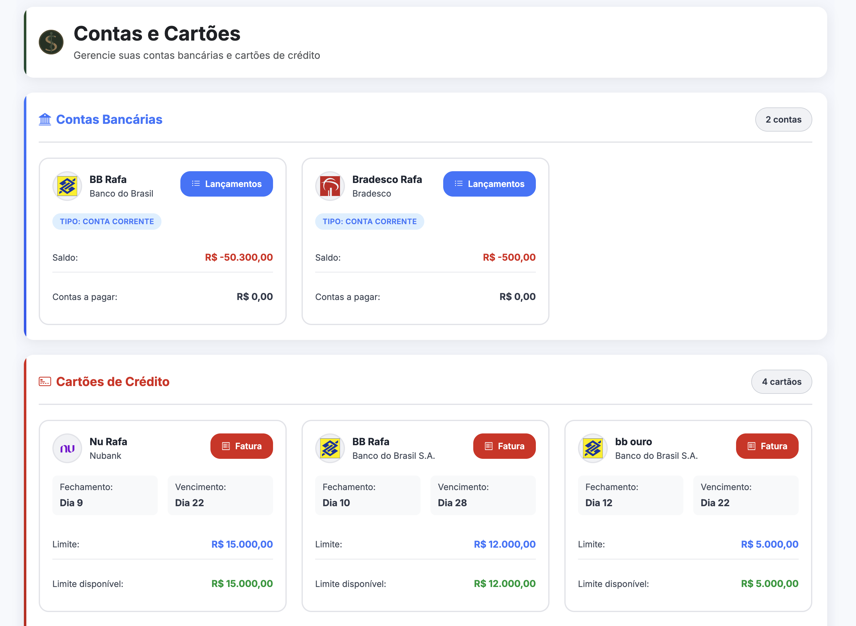 Tela de Gestão de Cartões mostrando faturas e limites